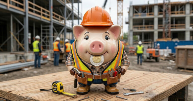 Photographie en gros plan d'une tirelire en forme de cochon portant un casque de sécurité jaune et une veste de protection d'entrepreneur de la construction. Le cochon tient une pièce de deux dollars canadiens (un "toonie") dans sa bouche, symbolisant les économies d'argent offertes par le Groupe GSC aux entrepreneurs pour leur licence RBQ ou leur formation continue.